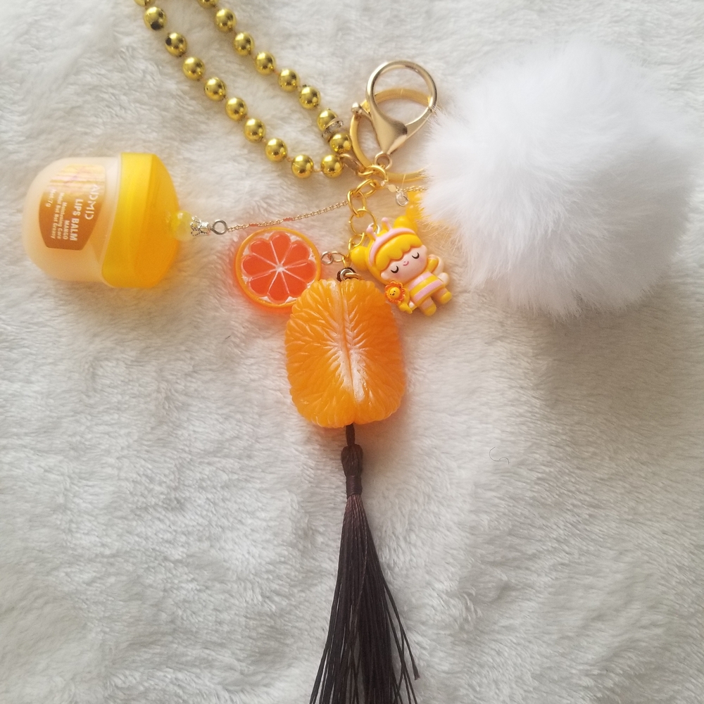 Playful Tangerine Keychain with Gold Beads